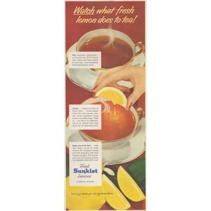 1955 Sunkist Lemons Vintage Print Ad Retro Kitchen Mid Century Citrus Tea‎ Food